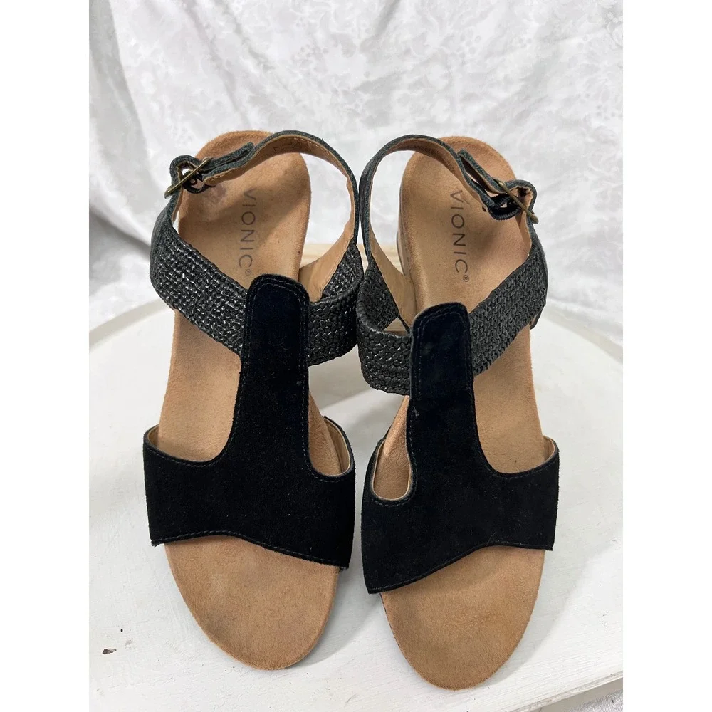 Vionic Kaytie Black Suede Leather Cork Wedge T-Strap Sandals Womens 9 JH:02-2023